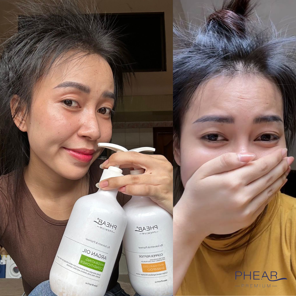 Before and after comparison of a woman using PHEAR skincare products.