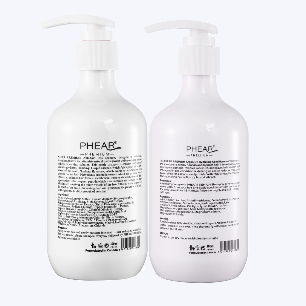 Two white bottles with labels on a white background