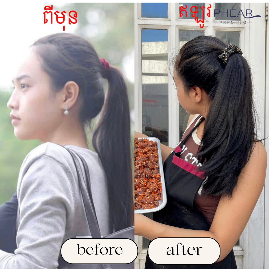 Before and after comparison of a woman with long hair, with text and branding elements.