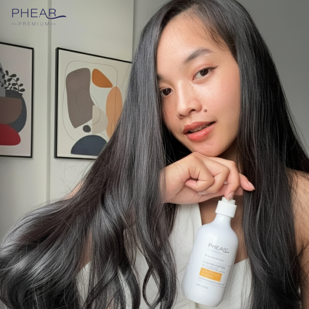 Woman with long hair holding a PHEAB bottle in a room with abstract art on the wall.