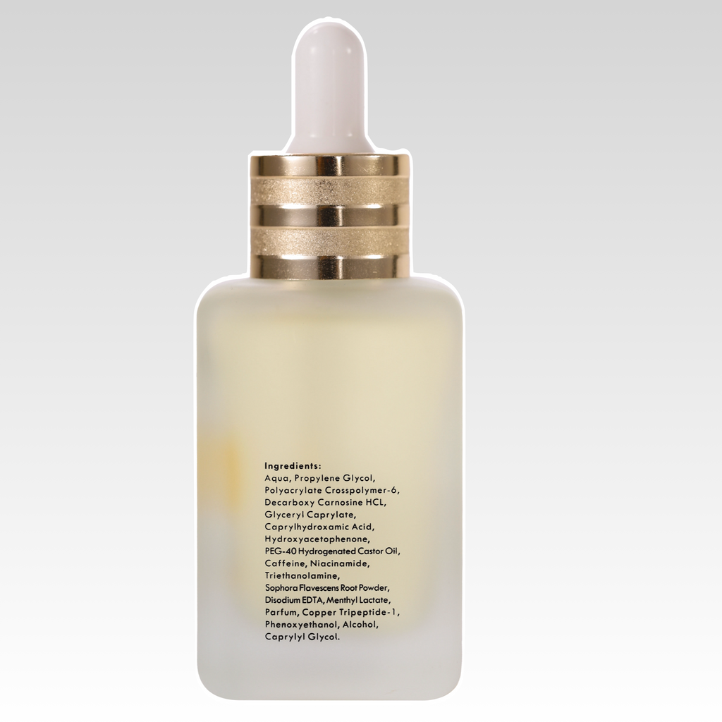 Hair care serum bottle with dropper on a light gray background