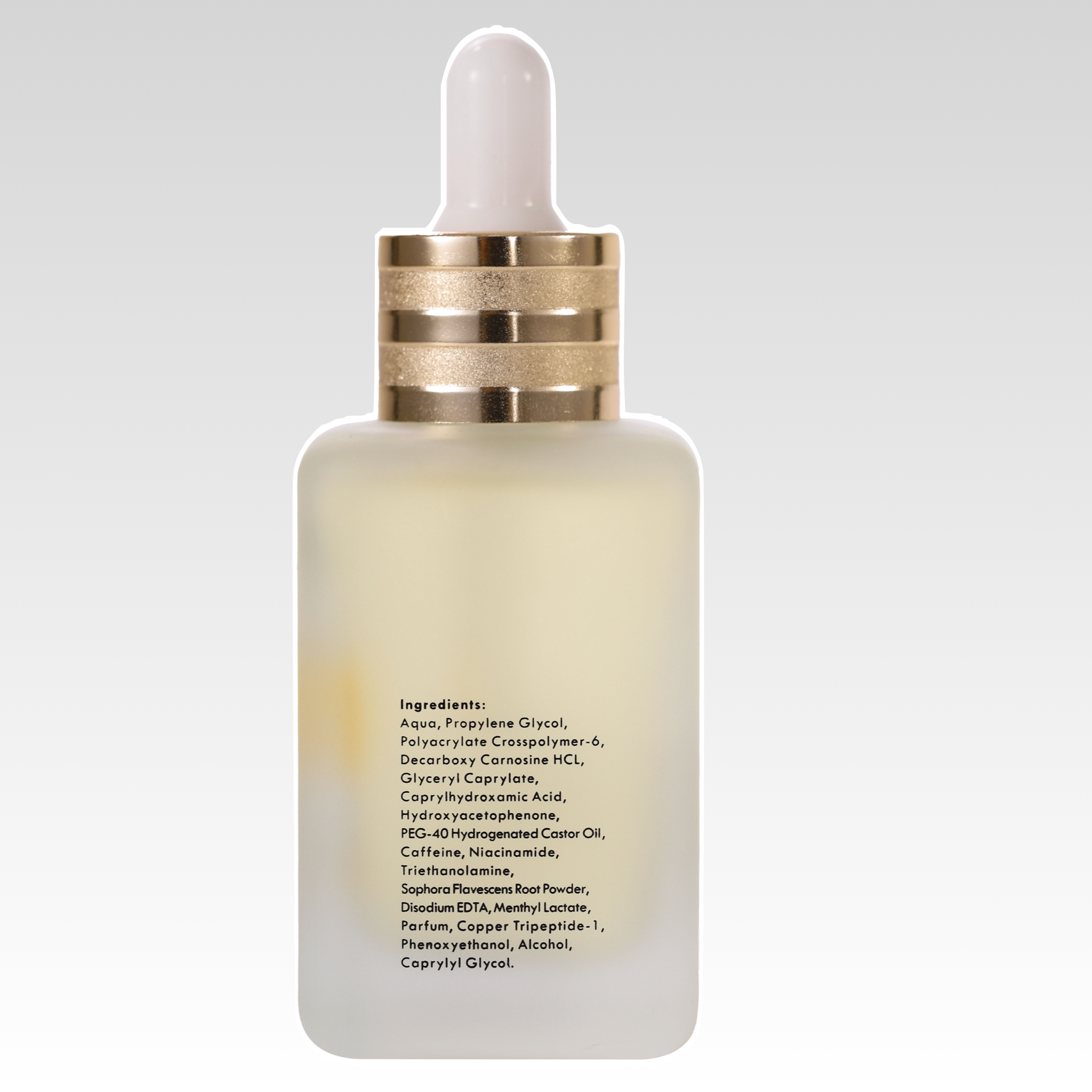 Hair care serum bottle with dropper on a light gray background