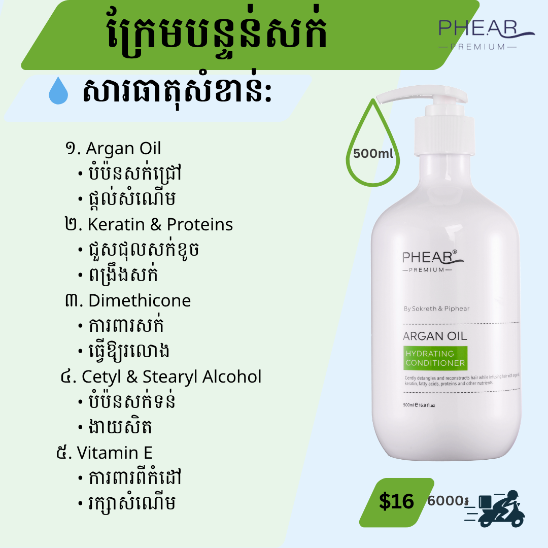 Bottle of PHEAR Argan Oil hydrating conditioner with ingredients list on a green and white background