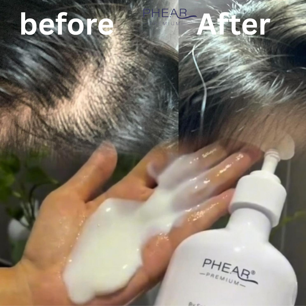 Before and after comparison of a hair care product with 'PHEAR' branding.