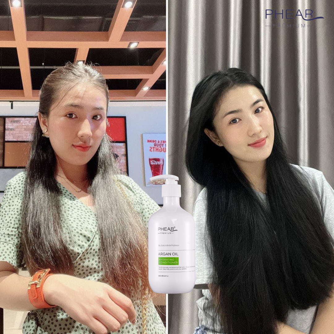 Before and after comparison of a woman with gray hair using a PHEAE hair care product.