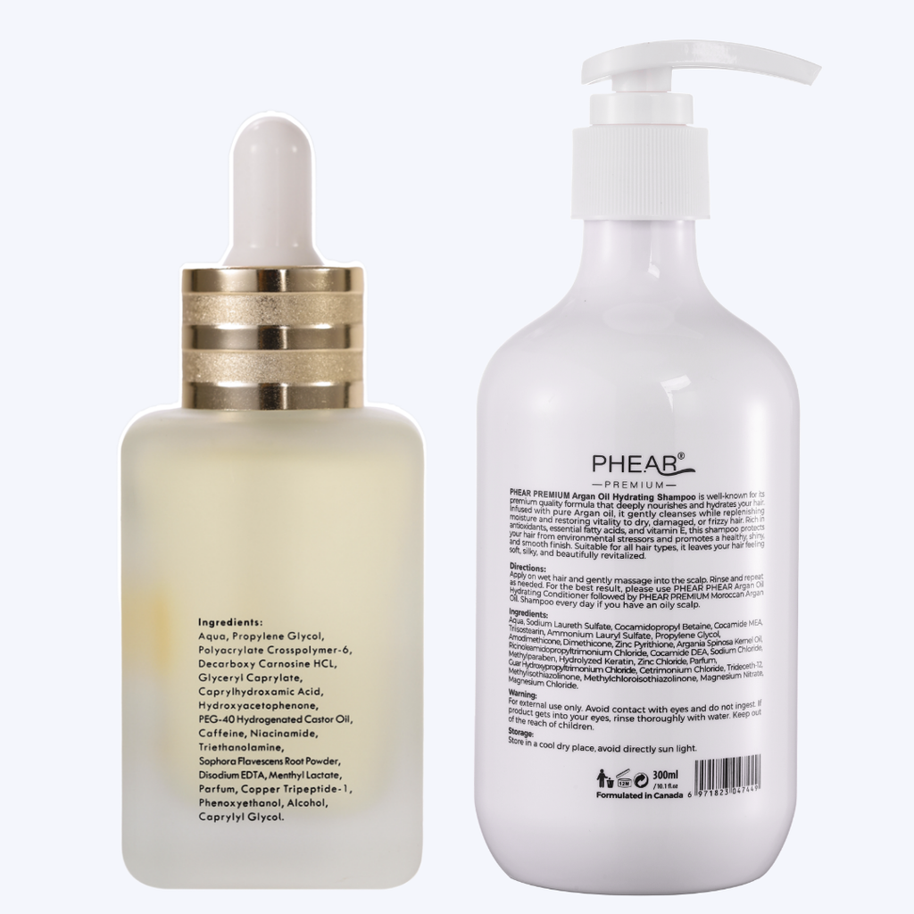 Two hair care products, a dropper bottle and a pump bottle, on a white background.