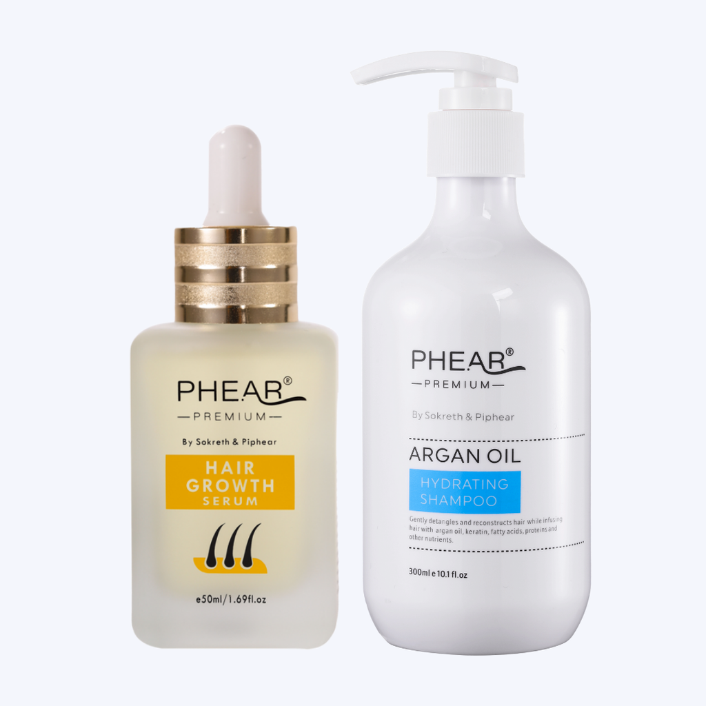 Phear hair care products including a serum and shampoo on a white background