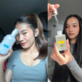 Two images of a woman holding hair products, one with a  bottle and the other with a dropper and bottle.