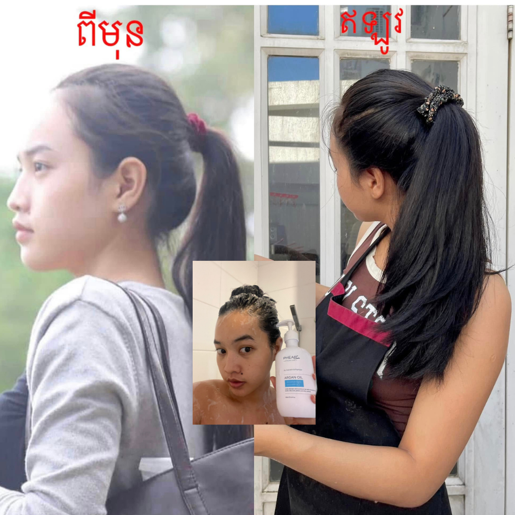 Comparison of a woman with long hair and a close-up of her face with a product.